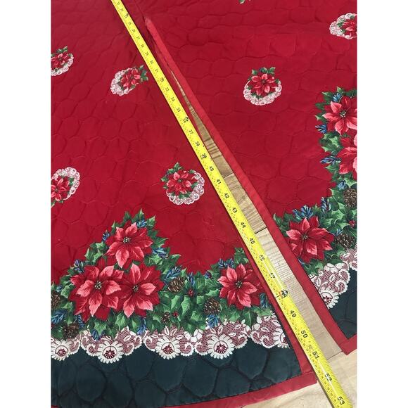 Vintage Christmas tree skirt handmade quilted lace trim Poinsettia gold rose 59" - Picture 6 of 7